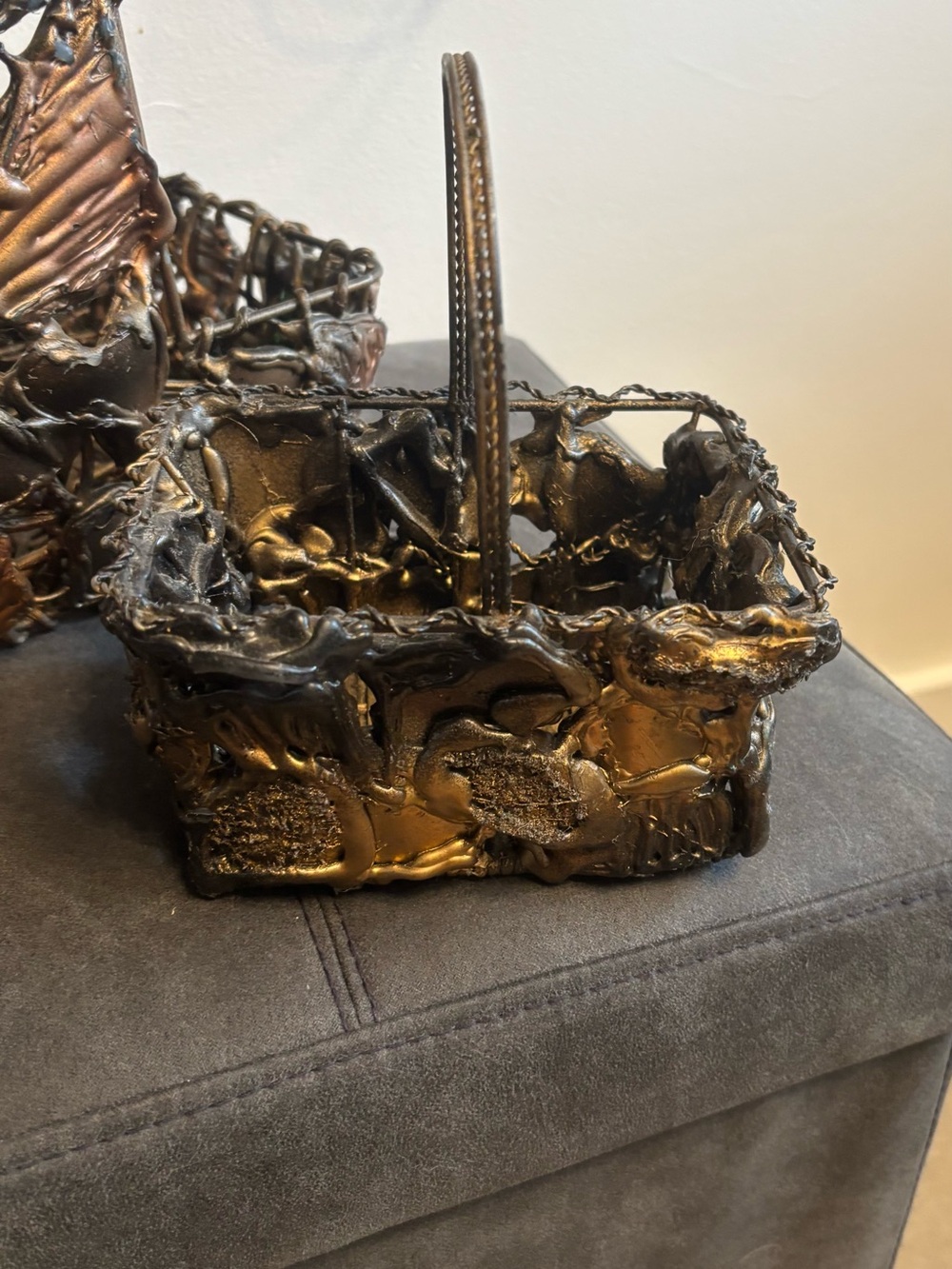 Brutalist Resin & Wicker Art Basket – Signed MQ (2009) #18